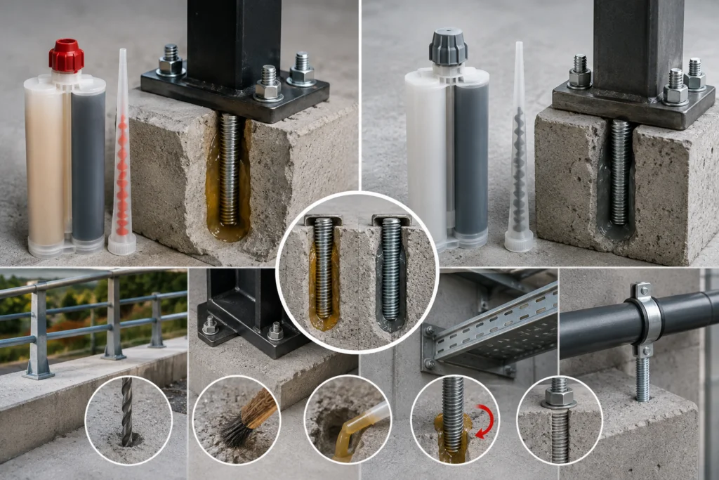 Chemical anchor cartridges and sectional illustrations comparing anchoring applications