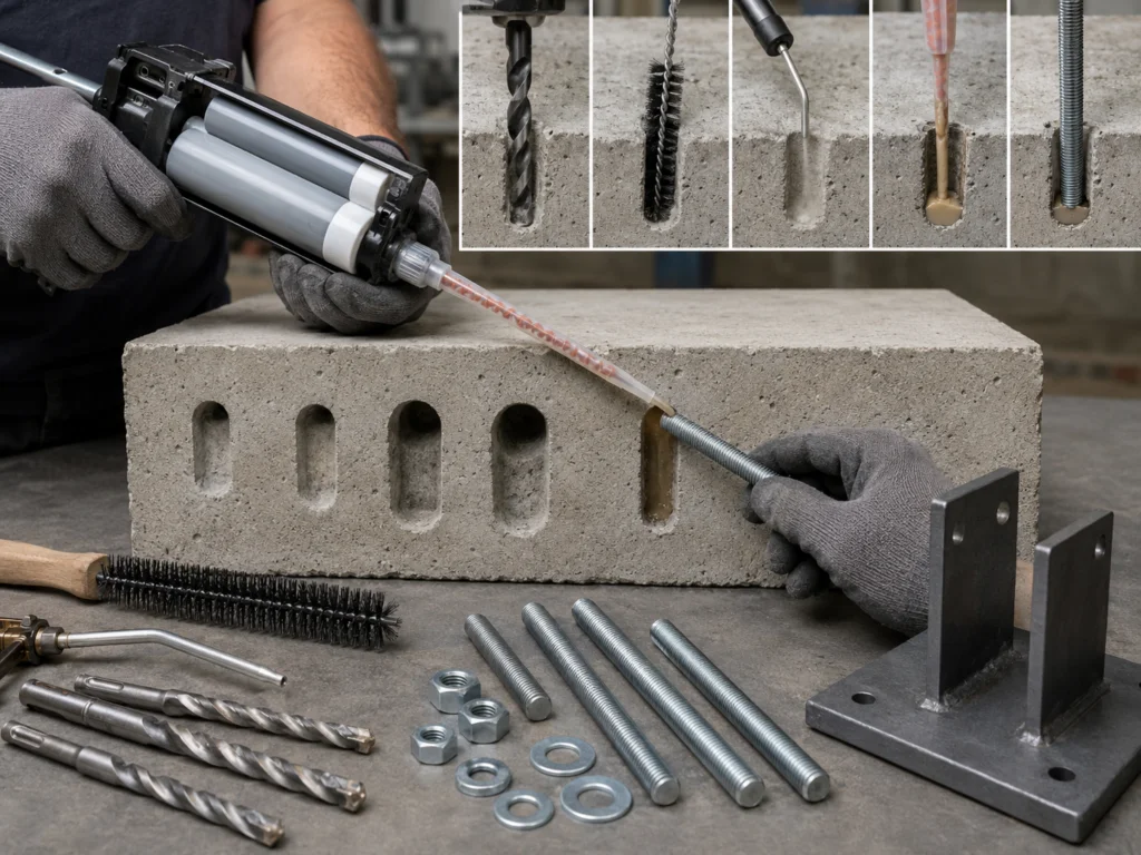 Chemical anchoring application, studs and metal fixing examples