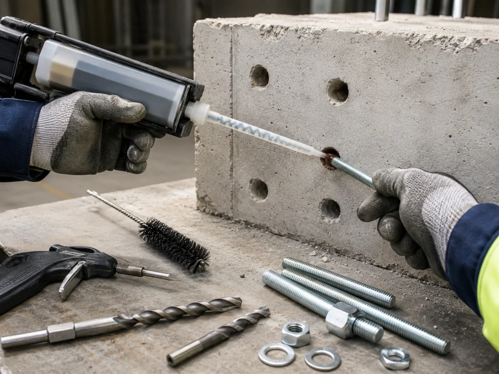 Chemical anchor resin applied into a wall hole with a cartridge gun